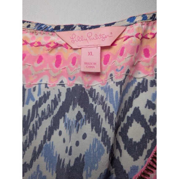 Lilly Pulitzer XL100% Silk Blue Renato Tunic Top Shirt Beaded Neckline Embellish - Picture 13 of 14